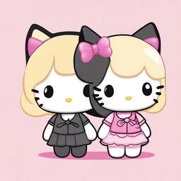 Generate an image with two Hello Kitty characters, one with straight blonde hair and the other with straight black hair.