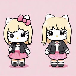 Generate an image with two Hello Kitty characters, one with straight blonde hair and the other with straight black hair.