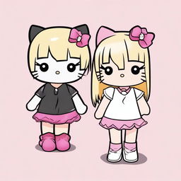 Generate an image with two Hello Kitty characters, one with straight blonde hair and the other with straight black hair.