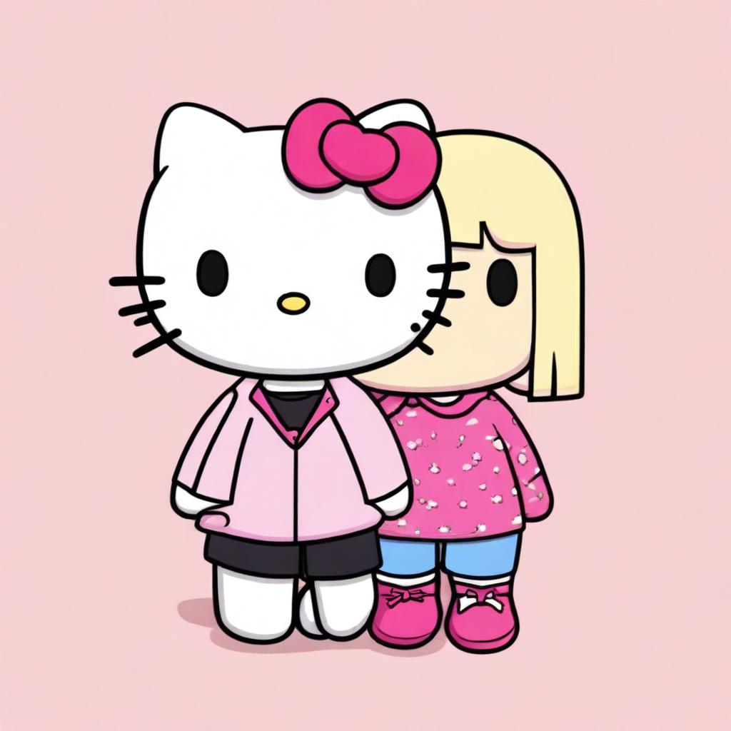 Generate an image of two Hello Kitty characters, one with straight black hair and the other with straight blonde hair.