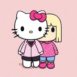 Generate an image of two Hello Kitty characters, one with straight black hair and the other with straight blonde hair.