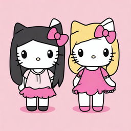 Generate an image of two Hello Kitty characters, one with straight black hair and the other with straight blonde hair.