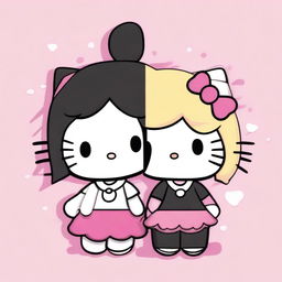 Generate an image of two Hello Kitty characters, one with straight black hair and the other with straight blonde hair.