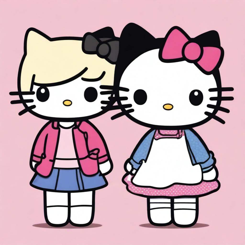 Generate an image of two Hello Kitty characters, one with straight black hair and the other with straight blonde hair.