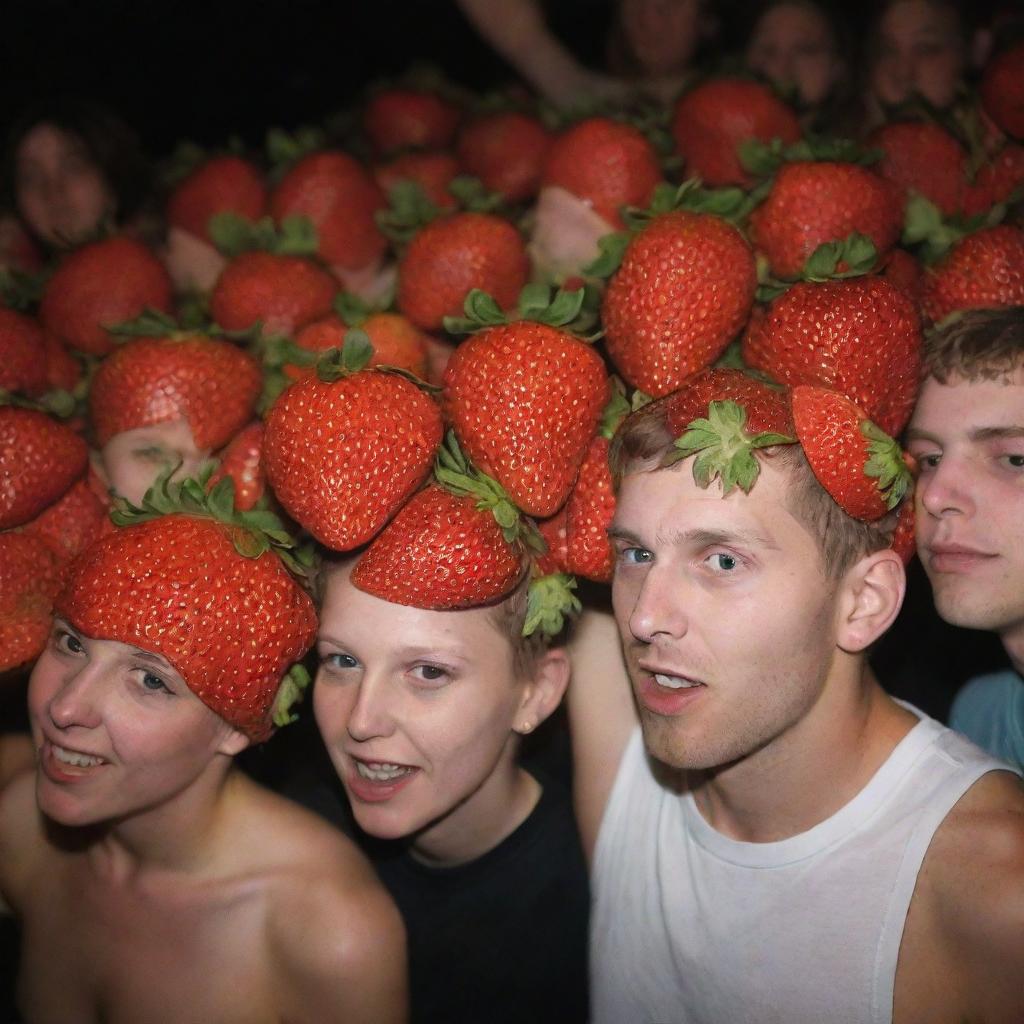 People partying at an LGBT techno rave in Berlin, distinctively having heads shaped like strawberries.