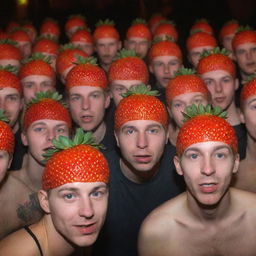 People partying at an LGBT techno rave in Berlin, distinctively having heads shaped like strawberries.