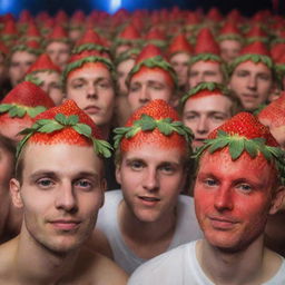 People partying at an LGBT techno rave in Berlin, distinctively having heads shaped like strawberries.