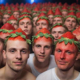 People partying at an LGBT techno rave in Berlin, distinctively having heads shaped like strawberries.