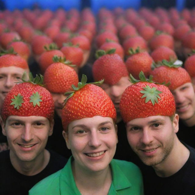 People partying at an LGBT techno rave in Berlin, distinctively having heads shaped like strawberries.