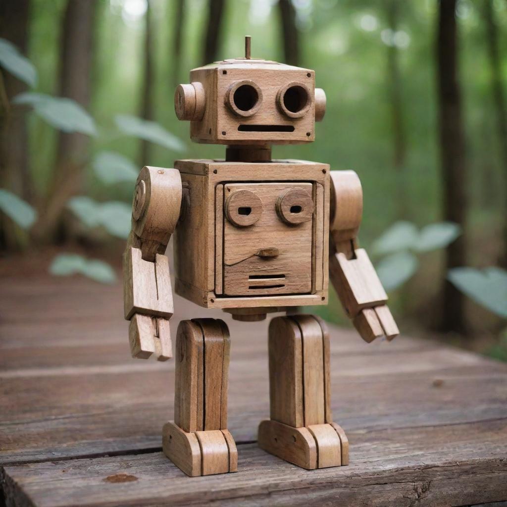 Robot crafted from polished, intricate wooden parts surrounded by a rustic environment