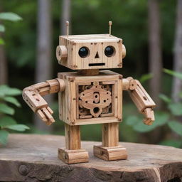 Robot crafted from polished, intricate wooden parts surrounded by a rustic environment