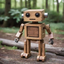 Robot crafted from polished, intricate wooden parts surrounded by a rustic environment