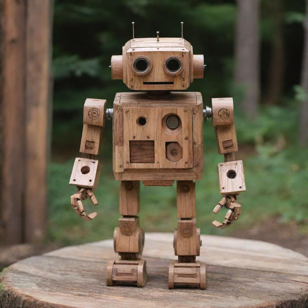 Robot crafted from polished, intricate wooden parts surrounded by a rustic environment