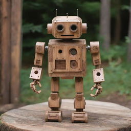 Robot crafted from polished, intricate wooden parts surrounded by a rustic environment