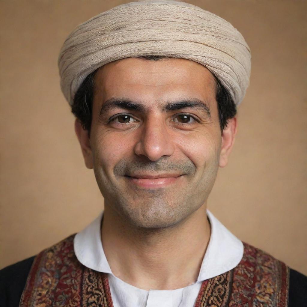 Portrait of a Persian man wearing traditional attire, with distinctive features and an expressive face. He's got a calm demeanor and a gentle smile.