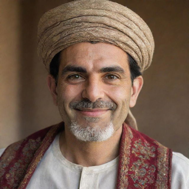 Portrait of a Persian man wearing traditional attire, with distinctive features and an expressive face. He's got a calm demeanor and a gentle smile.