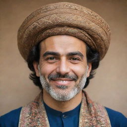 Portrait of a Persian man wearing traditional attire, with distinctive features and an expressive face. He's got a calm demeanor and a gentle smile.