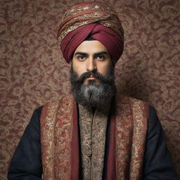 Modify the portrait of the Persian man to accentuate cultural characteristics. Add components of traditional Persian attire like a turban and a Qajar dynasty-inspired coat. His surroundings include Persian elements like carpets and art.