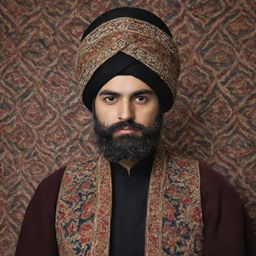 Modify the portrait of the Persian man to accentuate cultural characteristics. Add components of traditional Persian attire like a turban and a Qajar dynasty-inspired coat. His surroundings include Persian elements like carpets and art.