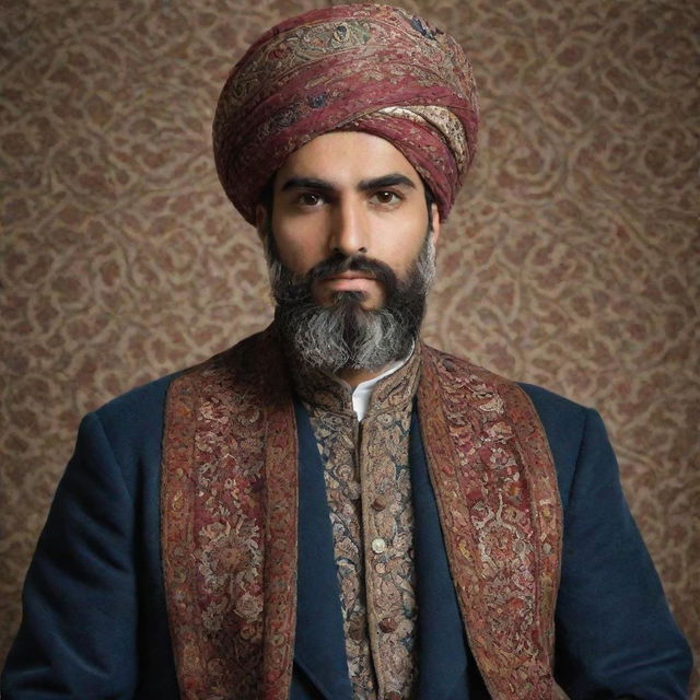 Modify the portrait of the Persian man to accentuate cultural characteristics. Add components of traditional Persian attire like a turban and a Qajar dynasty-inspired coat. His surroundings include Persian elements like carpets and art.