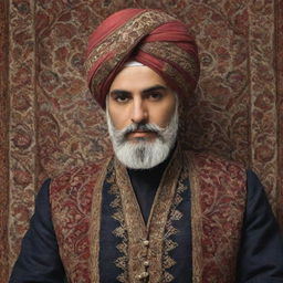 Modify the portrait of the Persian man to accentuate cultural characteristics. Add components of traditional Persian attire like a turban and a Qajar dynasty-inspired coat. His surroundings include Persian elements like carpets and art.