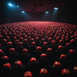 A Berlin techno rave party in a dim-lit, vast room with a multitude of aliens that have heads shaped like vibrant strawberries floating around under the resonating strobe lights