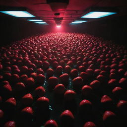 A Berlin techno rave party in a dim-lit, vast room with a multitude of aliens that have heads shaped like vibrant strawberries floating around under the resonating strobe lights