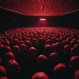 A Berlin techno rave party in a dim-lit, vast room with a multitude of aliens that have heads shaped like vibrant strawberries floating around under the resonating strobe lights