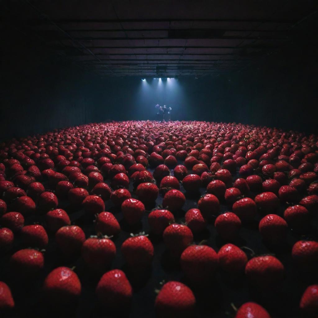 A Berlin techno rave party in a dim-lit, vast room with a multitude of aliens that have heads shaped like vibrant strawberries floating around under the resonating strobe lights