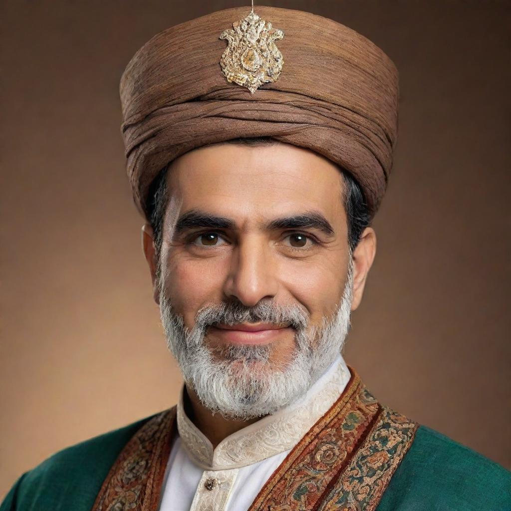 Modify the image of the Persian man to make him appear younger. Retain the traditional attire, but ensure his facial features reflect youth and vigor. His expression is cheerful and full of vitality.