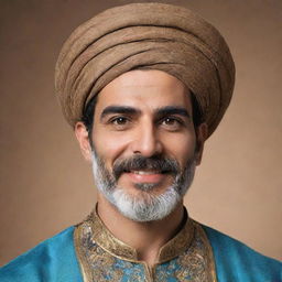 Modify the image of the Persian man to make him appear younger. Retain the traditional attire, but ensure his facial features reflect youth and vigor. His expression is cheerful and full of vitality.