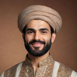 Modify the image of the Persian man to make him appear younger. Retain the traditional attire, but ensure his facial features reflect youth and vigor. His expression is cheerful and full of vitality.