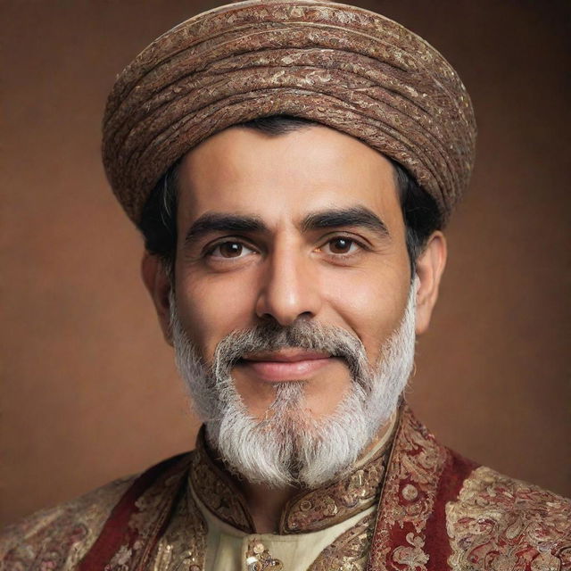 Modify the image of the Persian man to make him appear younger. Retain the traditional attire, but ensure his facial features reflect youth and vigor. His expression is cheerful and full of vitality.