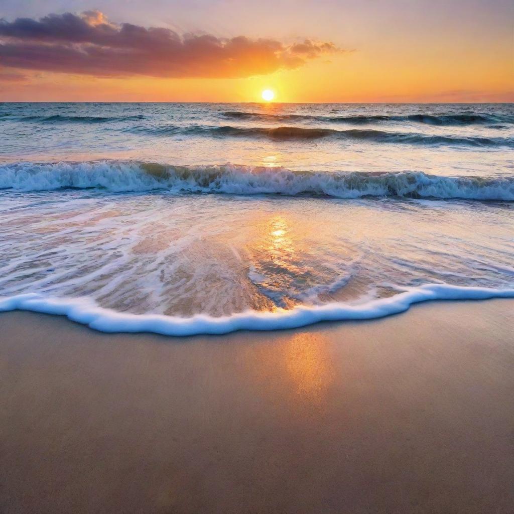 A breathtaking sunrise over a tranquil beach, with vibrant colors reflecting off the gently lapping waves