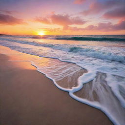 A breathtaking sunrise over a tranquil beach, with vibrant colors reflecting off the gently lapping waves