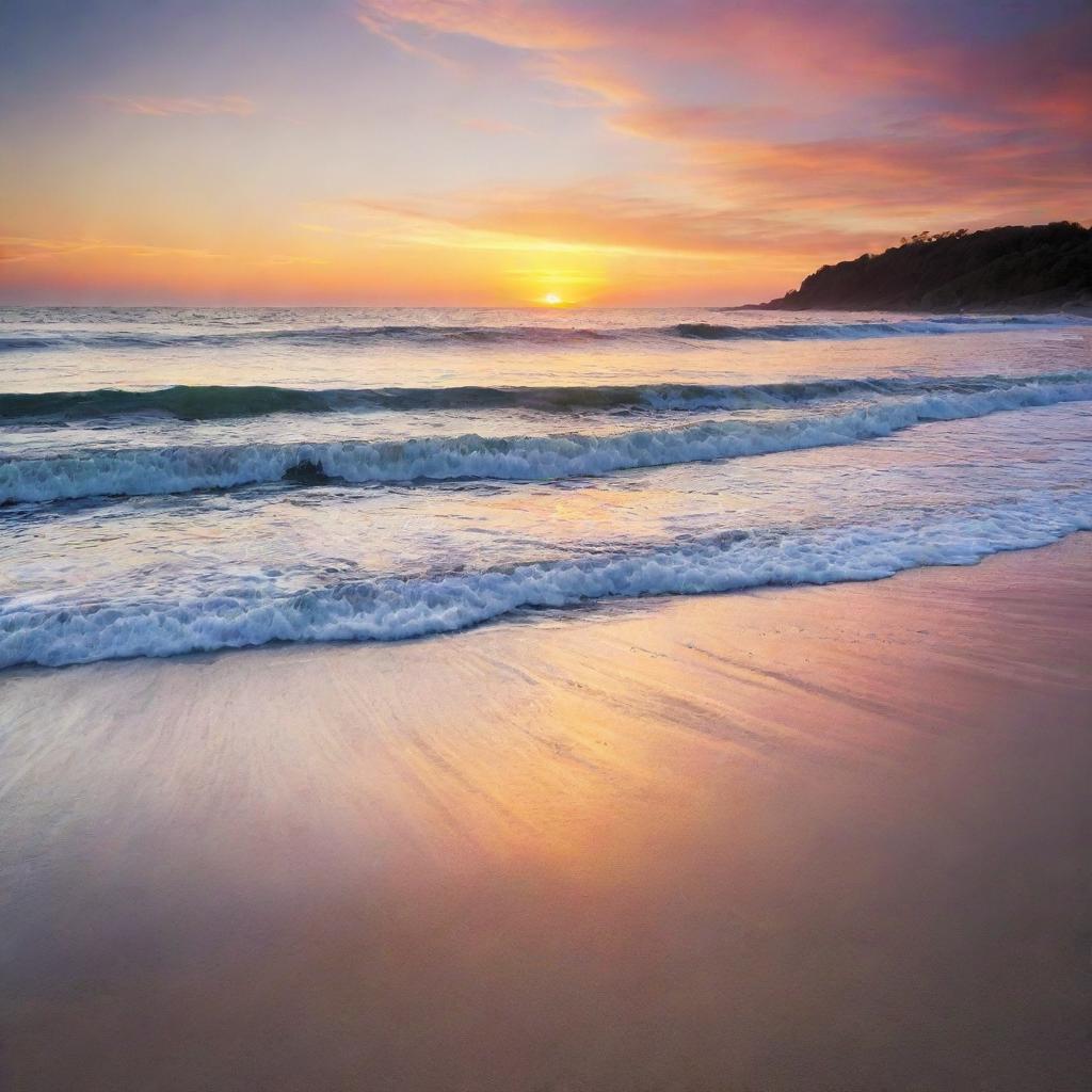 A breathtaking sunrise over a tranquil beach, with vibrant colors reflecting off the gently lapping waves