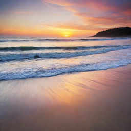 A breathtaking sunrise over a tranquil beach, with vibrant colors reflecting off the gently lapping waves