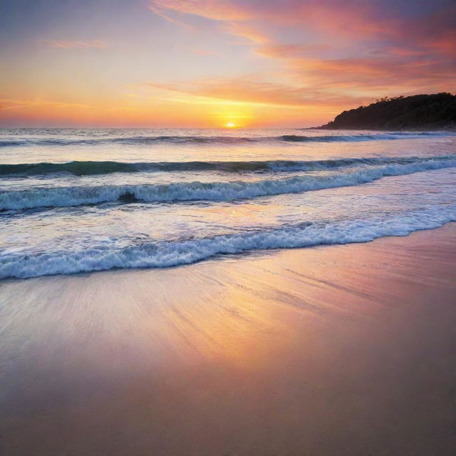 A breathtaking sunrise over a tranquil beach, with vibrant colors reflecting off the gently lapping waves