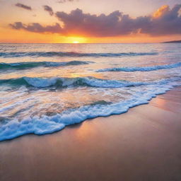 A breathtaking sunrise over a tranquil beach, with vibrant colors reflecting off the gently lapping waves