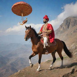 Transform the image of the young Persian man, now riding a horse on a picturesque Persian mountain. He's wearing traditional attire, jovially eating Persian food. In the sky, a legendary Persian Phoenix soars, and hallucinogenic mushrooms bloom nearby.