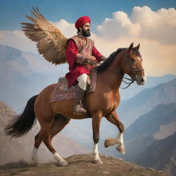 Transform the image of the young Persian man, now riding a horse on a picturesque Persian mountain. He's wearing traditional attire, jovially eating Persian food. In the sky, a legendary Persian Phoenix soars, and hallucinogenic mushrooms bloom nearby.