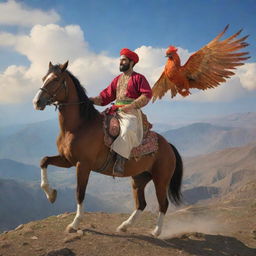 Transform the image of the young Persian man, now riding a horse on a picturesque Persian mountain. He's wearing traditional attire, jovially eating Persian food. In the sky, a legendary Persian Phoenix soars, and hallucinogenic mushrooms bloom nearby.