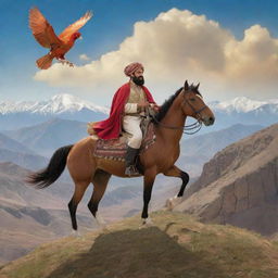 Transform the image of the young Persian man, now riding a horse on a picturesque Persian mountain. He's wearing traditional attire, jovially eating Persian food. In the sky, a legendary Persian Phoenix soars, and hallucinogenic mushrooms bloom nearby.