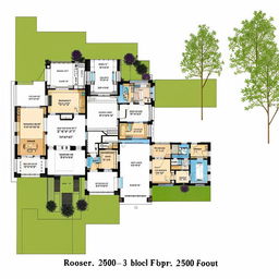 Generate a 2500 square foot second-floor house plan, containing 3 bedrooms with walk-in wardrobes, a living room, a small sitting room, a kitchen with storage, and a balcony both in the front and back.