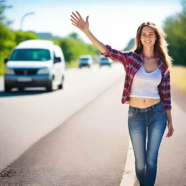 An attractive woman standing by the side of a busy road, thumb outstretched in the universal sign of hitchhiking