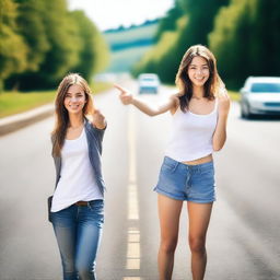 An attractive woman standing by the side of a busy road, thumb outstretched in the universal sign of hitchhiking