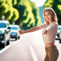 An attractive woman standing by the side of a busy road, thumb outstretched in the universal sign of hitchhiking