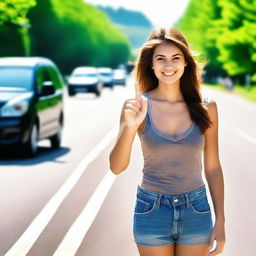 An attractive woman standing by the side of a busy road, thumb outstretched in the universal sign of hitchhiking