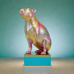 A Jeff Koons style high-shine silver statue of a Capybara on a gold pedestal. The statue is staged against a light array of green, light blue, pink, and yellow with two intersecting red laser beams.