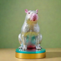 A Jeff Koons style high-shine silver statue of a Capybara on a gold pedestal. The statue is staged against a light array of green, light blue, pink, and yellow with two intersecting red laser beams.